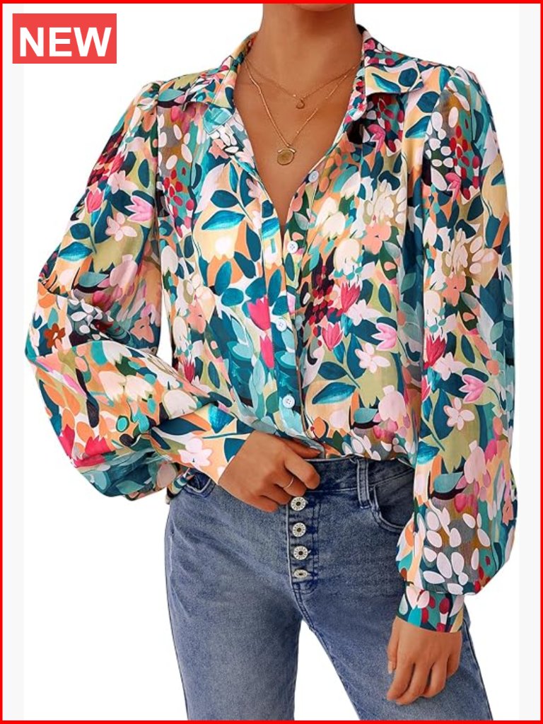 Chiffon Button Down Shirt Lantern Sleeve V Neck Boho Blouse